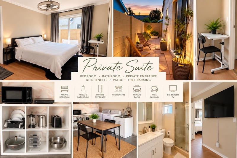 Private king Bedroom, Bathroom & Patio in Huntington Harbor (id. 43802)